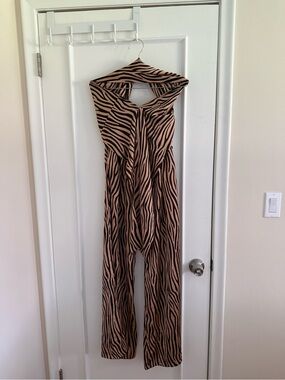 Women's Zebra Print Wide-Leg Jumpsuit - Black and Tan